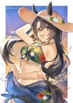  1girl animal_ears bare_shoulders bikini black_hair blue_bikini blue_sarong blush breasts cho_k_(choco_tcl) cleavage ears_through_headwear floral_print floral_print_bikini green_eyes hair_between_eyes hat highres horse_ears horse_girl jewelry long_hair looking_at_viewer medium_breasts navel necklace official_alternate_costume official_alternate_hairstyle open_mouth sarong satono_crown_(sunny_island_splendor)_(umamusume) satono_crown_(umamusume) smile solo straw_hat sun_hat swimsuit umamusume 
