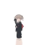  1girl alternate_costume bangs black_kimono braid danganronpa_(series) danganronpa_2:_goodbye_despair eyebrows_visible_through_hair full_body gamhwa glasses grey_background highres holding japanese_clothes kimono long_hair long_sleeves looking_at_viewer obi open_mouth pekoyama_peko sash short_hair simple_background solo standing twin_braids wide_sleeves 