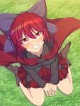  1girl absurdres baketsumuri black_shirt blue_bow blush boots bow cape cloak collarbone commentary_request eyebrows_visible_through_hair grass grin hair_bow high_collar highres long_sleeves looking_at_viewer looking_up miniskirt red_cape red_cloak red_eyes red_hair red_skirt sekibanki shirt short_hair sitting skirt smile solo thighs touhou wariza 