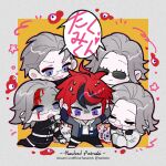  5boys ahoge animalization aotsuki_eito armband black_gloves black_pants black_streaks blood blood_from_mouth blood_on_face blue_eyes blue_jacket border chibi chibi_only chinese_commentary english_text eyeliner gakuran glasses gloves grey_border grey_hair hands_on_own_head highres hood hoodie jacket jacket_over_hoodie last_defense_academy_school_uniform makeup male_focus mixed-language_text multicolored_hair multicolored_jacket multiple_boys multiple_persona official_alternate_hairstyle outside_border pants purple_eyes rabbit red_eyeliner red_hair school_uniform short_hair simple_background smile speech_bubble spoilers streaked_hair sumino_takumi sunglasses sweat tankees the_hundred_line_-last_defense_academy- two-tone_jacket white_armband white_gloves white_jacket yellow_background zombie 