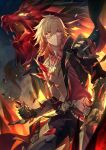  1boy armlet armor bad_link blonde_hair braid cape chest_tattoo clawed_gauntlets crystal crystal_shards earrings facial_tattoo gold_armlet gold_earrings gold_necklace hair_between_eyes highres honkai:_star_rail honkai_(series) jewelry lion male_focus mydei_(honkai:_star_rail) necklace official_art pants pauldrons red_cape shoulder_armor side_braid single_pauldron solo tattoo yellow_eyes 