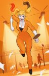  1girl aircraft alternate_costume barbed_wire batman_(series) black_shoes black_streaks blonde_hair collarbone colored_skin david_nakayama dc_comics fence fucked_silly harley_quinn helicopter highres holding holding_paddle initial jumpsuit long_hair multicolored_hair official_art orange_jumpsuit paddle red_streaks searchlight shoes short_sleeves solo_focus streaked_hair twintails white_skin 
