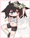  1girl arm_up bare_arms bare_shoulders bike_shorts black_hair black_shoes black_shorts blue_eyes blush border chibi closed_mouth crop_top empty_eyes flower hair_between_eyes hair_flower hair_ornament hana_kazari heart heterochromia highres jitome multiple_views navel original pink_border red_eyes shoes shorts v white_background white_flower zoom_layer 