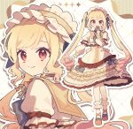  1girl alternate_costume black_ribbon blonde_hair bow center_frills collared_dress cookie dress food frilled_anklet frilled_dress frilled_hairband frilled_headwear frilled_sleeves frills from_behind hair_ribbon hairband hand_up heart heart-shaped_cookie heart-shaped_food highres holding holding_cookie holding_food kannagi6 light_blush long_sleeves looking_at_viewer looking_back low_drills multiple_views neck_ribbon orange_shoes outline pink_eyes project_sekai puffy_long_sleeves puffy_sleeves purple_bow ribbon shoes sidelocks smile straight-on swept_bangs tenma_saki twintails white_dress white_outline yellow_sleeve_cuffs 
