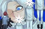  2boys absurdres ahoge aotsuki_eito black_gloves black_pants black_shoes blue_background blue_eyes chinese_commentary clone dual_persona fengzhongqiyuandeyuan giant giant_male glasses gloves grey_hair grey_jacket hand_on_another&#039;s_hand headless highres hood hoodie jacket jacket_over_hoodie looking_at_another male_focus multicolored_jacket multiple_boys one-eyed pants red_hair shoes short_hair simple_background size_difference star_(symbol) sumino_takumi the_hundred_line_-last_defense_academy- two-tone_jacket white_hoodie white_jacket white_pants 