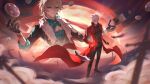  2boys absurdres aqinorz archer_(fate) archer_(honkai:_star_rail)_(fate) aventurine_(honkai:_star_rail) black_gloves black_shirt blonde_hair bracelet breast_cutout card clothing_cutout coat coin earrings fate/stay_night fate/unlimited_blade_works fate_(series) gloves hair_between_eyes highres holding holding_card honkai:_star_rail honkai_(series) jewelry long_sleeves looking_at_viewer male_focus multiple_boys parted_lips planted planted_sword red_coat ring shirt short_hair spiked_hair sword weapon white_hair 