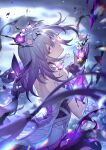  1girl backless_dress backless_outfit bad_link bare_shoulders black_tiara bright_pupils castorice_(honkai:_star_rail) dress flower from_behind gloves highres holding holding_flower honkai:_star_rail honkai_(series) looking_at_viewer looking_back official_art parted_lips purple_eyes purple_gloves purple_hair solo tiara white_pupils 
