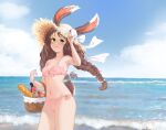  1girl animal_ears apple baguette basket beach bikini blush bottle bow bread breasts brown_hair cleavage closed_mouth day ears_through_headwear eyebrows_visible_through_hair food freckles fruit green_eyes hat hat_bow hat_ribbon holding holding_basket long_hair looking_at_viewer medium_breasts navel ocean original outdoors pink_bikini rabbit_ears rabbit_girl rabbit_tail ribbon smile solo sun_hat susukitten swimsuit tail white_bow white_ribbon wine_bottle 