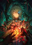  1boy anaxa_(honkai:_star_rail) aqua_hair bad_link black_hands blue_fire colored_extremities cowboy_shot crystal earrings eyepatch fire green_hair highres honkai:_star_rail honkai_(series) jewelry male_focus official_art one_eye_covered parted_lips ring solo tagme 