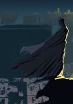  1boy batman batman_(series) black_cape building cape cityscape cliff commentary covered_face cowl dc_comics hashtag-only_commentary highres hvvv1941ca limited_palette male_focus night night_sky profile sky solo standing superhero_costume 