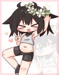  &gt;_&lt; 1girl :d arm_up bare_arms bare_shoulders bike_shorts black_hair black_shoes black_shorts blue_eyes blush border chibi closed_eyes closed_mouth crop_top facing_viewer flower hair_between_eyes hair_flower hair_ornament hana_kazari heart heterochromia highres multiple_views navel original pink_border red_eyes shoes shorts smile v white_background white_flower xd zoom_layer 