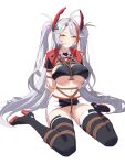  1girl absurdres azur_lane bdsm black_footwear bondage bound breasts clothing_cutout cropped_shirt full_body grey_hair headgear high_heels highres jacket large_breasts long_hair looking_at_viewer multicolored_hair no_panties official_alternate_costume prinz_eugen_(azur_lane) prinz_eugen_(final_lap)_(azur_lane) purple_jacket qiaoyiqiao_kanyikanla_zouguoluguobuyaocuoguo race_queen red_hair restrained short_sleeves simple_background solo streaked_hair teeth two-tone_hair two-tone_skirt underboob underboob_cutout very_long_hair white_background yellow_eyes 