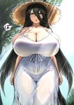  1girl ahoge alternate_breast_size alternate_costume animal_ears arms_at_sides bare_shoulders black_hair breasts choker cleavage collarbone commentary_request cowboy_shot day dress ears_through_headwear hair_between_eyes hat highres horse_ears horse_girl horse_tail huge_breasts impossible_clothes large_breasts light_blush long_hair looking_at_viewer manhattan_cafe_(umamusume) multicolored_hair open_mouth outdoors solo speech_bubble straw_hat streaked_hair sundress tail umamusume very_long_hair white_choker white_dress white_hair yellow_eyes yuugatou_(yuuzutu) 