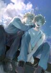  2boys absurdres arm_on_another&#039;s_shoulder bakugou_katsuki bare_shoulders black_shoes blonde_hair blue_pants blue_shirt boku_no_hero_academia closed_mouth cloud commentary_request crew_neck denim fingernails green_eyes green_hair highres jeans koromo06418109 long_sleeves male_focus midoriya_izuku multiple_boys open_mouth outdoors pants parted_hair red_eyes shirt shoelaces shoes short_hair side-by-side signature sitting sky sleeves_rolled_up smile spiked_hair teeth upper_teeth_only white_shirt 