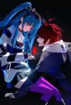  1boy 1girl absurdres ahoge amemiya_darumi binxngchng1 black_background black_hair black_jacket black_streaks blue_eyes blue_hair bow chinese_commentary choker ear_piercing facial_mark grey_jacket hair_bow heart heart_facial_mark highres hood hoodie invisible_chair jacket jacket_over_hoodie long_hair looking_at_another makeup multicolored_hair multicolored_jacket piercing pink_eyes pink_thighhighs red_bow red_choker red_hair safety_pin shirt short_hair sitting skirt smile streaked_hair striped_clothes striped_shirt sumino_takumi the_hundred_line_-last_defense_academy- thighhighs twintails two-tone_jacket white_hoodie 