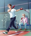  2boys absurdres baseball_bat batting_cage brown_eyes brown_hair cola commission glasses gloves green_eyes green_shoes highres loafers multiple_boys okaka_12558 original red_gloves sharp_teeth shirt shoes sitting skeb_commission sleeves_rolled_up swinging_baseball_bat tan teeth white_shirt white_undershirt 