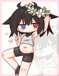  1girl arm_up bare_arms bare_shoulders bike_shorts black_hair black_shoes black_shorts blue_eyes blush border chibi closed_mouth crop_top empty_eyes flower hair_between_eyes hair_flower hair_ornament hana_kazari heart heterochromia highres jitome multiple_views navel original pink_border red_eyes shoes shorts v white_background white_flower zoom_layer 