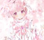  1girl blush bow cherry_blossoms ear_piercing earrings iftuoma jewelry looking_at_viewer original pale_skin pastel_colors piercing pink_hair pink_theme purple_eyes ribbon 