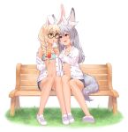  2girls animal_ears bench black-framed_eyewear blonde_hair blue_shorts blush braid commission crop_top denim denim_shorts eyebrows_visible_through_hair flat_chest food fox_ears fox_girl fox_tail glasses green_eyes grey_hair highres holding holding_food ice ice_cream_cone ice_cube long_hair looking_at_another multiple_girls navel open_mouth original parted_lips popsicle purple_eyes rabbit_ears rabbit_girl round_eyewear shoes short_shorts shorts single_braid sitting smile sneakers susukitten tail teeth upper_teeth whiskers white_footwear 