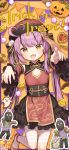 1girl :d absurdres bandaged_leg bandages bare_shoulders black_skirt black_streaks blush border checkerboard_cookie chucolala commentary_request cookie detached_sleeves food frilled_sleeves frills halloween hat highres long_hair long_sleeves looking_at_viewer multicolored_hair official_art open_mouth orange_background otome_oto outside_border outstretched_arms pumpkin purple_border purple_hair red_hat red_shirt red_shoes red_sleeves shirt shoes shuu_(syuuuuuuuuuu) skirt sleeveless sleeveless_shirt smile solo standing standing_on_one_leg streaked_hair trick_or_treat twintails virtual_youtuber wide_sleeves yellow_eyes zombie_pose 