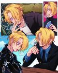  1boy blonde_hair cigarette curly_eyebrows eyeshadow facial_hair hair_over_one_eye highres holding holding_cigarette jacket leather leather_jacket makeup male_focus mustache_stubble one_piece rottenbuggy sanji_(one_piece) shirt smoking solo stubble suit 