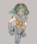  1girl absurdres boots breasts collared_shirt floating_hair goggles goggles_on_head green_eyes green_hair green_skirt grey_background grey_shirt gumi hand_up headphones headset highres knees_up looking_at_viewer medium_breasts medium_hair pleated_skirt pye_yyy red-tinted_eyewear sailor_collar shirt sidelocks simple_background sitting skirt sleeveless sleeveless_shirt solo tinted_eyewear vocaloid white_boots 