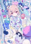  1girl bear can collared_shirt dinosaur heisei highres kiya_machi long_sleeves looking_up original pale_skin panda pink_eyes pink_hair shirt skirt soda_can stuffed_animal stuffed_toy teddy_bear toy 