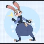 3_toes 4_fingers absurd_res ambiguous_gender anthro bent_arm black_ear_tips blue_bottomwear blue_clothing blue_gloves blue_handwear blue_pants blue_shirt blue_topwear blue_vest blush blush_lines bottomwear brown_tail clean_diaper clothed clothing diaper diaper_puff diaper_under_clothing dipstick_ears disney ear_markings feet female_(lore) fingerless_gloves fingers fur geometric_background gloves grid_background hand_on_butt hand_on_diaper handwear hi_res judy_hopps jupiters knee_pads lagomorph leporid letterbox looking_back mammal multicolored_body multicolored_ears multicolored_fur multicolored_tail pants pattern_background patting patting_butt patting_diaper pink_inner_ear plantigrade police police_uniform police_vest rabbit scut_tail shirt short_tail simple_background solo standing tail tan_body tan_fur tan_tail toes topwear touching_diaper uniform vest wearing_diaper whiskers zootopia