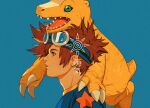  1boy agumon blue_background blue_shirt brown_hair closed_mouth digimon digimon_(creature) digimon_adventure english_commentary goggles goggles_on_head green_eyes highres looking_afar male_focus open_mouth red_eyes sharp_teeth shirt short_hair simple_background solo spiked_hair star_(symbol) teeth thick_eyebrows tongue upper_body vulpetrope yagami_taichi 