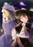  2girls black_skirt blonde_hair bow brown_hair capelet closed_eyes dress fedora hasumi_suzuna hat maribel_hearn mob_cap multiple_girls night night_sky purple_dress rainbow-colored_septentrion shirt short_hair skirt sky smile star_(sky) starry_sky touhou usami_renko white_bow white_shirt yellow_eyes 