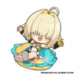  1girl ahoge bikini blonde_hair blush breasts chibi copyright_logo copyright_name crocs elegg_(boom_and_shock)_(nikke) elegg_(nikke) gloves goddess_of_victory:_nikke hair_intakes hair_over_eyes highres navel official_alternate_costume official_art open_mouth rabbit_choker rabbit_ornament short_hair simple_background slingshot_swimsuit swim_ring swimsuit totatokeke white_background yellow_bikini yellow_gloves yellow_slingshot_swimsuit 