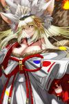  1girl animal_ear_fluff animal_ears beast_iv:l blonde_hair blood blood_on_hands breasts cleavage evil_smile extra_ears eyebrows_visible_through_hair fate/grand_order fate_(series) fox_ears fox_girl fox_tail fur-trimmed_kimono fur_trim hair_ornament hair_over_face hand_on_own_chest highres japanese_clothes kimono koyanskaya_(fate) large_breasts long_hair looking_to_the_side m0_chi off_shoulder smile solo star_(symbol) star_hair_ornament tail tamamo_(fate) very_long_hair white_kimono yellow_eyes 