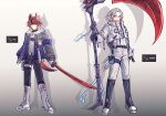  2boys absurdres ahoge alternate_costume animal_ears aotsuki_eito arknights belt black_belt black_boots black_collar black_gloves black_pants black_streaks blue_eyes blue_jacket boots chinese_commentary collar cropped_jacket dog_ears drawstring drop_shadow geta glasses gloves gradient_background grey_background grey_hair grey_jacket highres holding holding_scythe holding_sword holding_weapon hood hoodie jacket jacket_over_hoodie kemonomimi_mode looking_at_viewer male_focus multicolored_hair multicolored_jacket multiple_boys open_clothes open_jacket pants pouch purple_eyes red_hair scythe shirt short_hair streaked_hair sumino_takumi sword techwear the_hundred_line_-last_defense_academy- thigh_pouch tianyintonghua two-tone_jacket weapon white_background white_belt white_boots white_gloves white_hoodie white_jacket white_pants white_shirt 