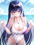  1girl :o absurdres bangs beach blue_sky blush breasts cleavage cloud collarbone covered_navel cowboy_shot day english_commentary eyewear_on_head gr_greeze hair_between_eyes highres honkai_(series) honkai_impact_3rd horizon jewelry large_breasts long_hair looking_at_viewer necklace ocean one-piece_swimsuit outdoors parted_lips purple_eyes purple_hair raiden_mei sarong sky solo standing sunglasses swimsuit very_long_hair water_drop wet white_sarong white_swimsuit 