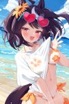  1girl alternate_costume animal_ears beach bikini bikini_under_clothes black_hair blue_sky blush breasts clothes_lift commentary_request day floral_print_bikini flower hair_flower hair_ornament heart heart-shaped_eyewear highres horse_ears horse_girl horse_tail kitasan_black_(umamusume) large_breasts lifting_own_clothes looking_at_viewer ocean open_mouth outdoors red-tinted_eyewear red_eyes saboten_mushi see-through_clothes see-through_shirt shirt shirt_lift short_hair short_sleeves side-tie_bikini_bottom sky smile solo sunflower sunflower_hair_ornament swimsuit tail thighs tinted_eyewear umamusume white_bikini white_hair white_shirt white_streaks 