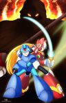  3boys absurdres arm_cannon armor axasempai blonde_hair blue_armor blue_eyes blue_helmet chest_jewel energy_sword forehead_jewel full_body green_eyes helmet highres holding holding_sword holding_weapon long_hair mega_man_(series) mega_man_x4 mega_man_x_(series) multiple_boys red_armor red_helmet sigma_(mega_man) sword weapon x_(mega_man) zero_(mega_man) 