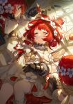  3girls bad_link black_gloves closed_eyes cross-shaped_pupils drawing_on_another&#039;s_face dress envelope flower gloves hair_flower hair_ornament highres holding holding_pen honkai:_star_rail honkai_(series) lying multiple_girls official_art parted_lips pen pointy_ears red_hair sleeping symbol-shaped_pupils trianne_(honkai:_star_rail) tribbie_(honkai:_star_rail) trinnon_(honkai:_star_rail) white_dress wings 