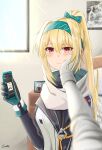  1girl blonde_hair blush eyebrows_visible_through_hair gamryous girls&#039;_frontline gloves green_hairband hairband hand_on_another&#039;s_face highres holding holding_phone jacket long_hair looking_at_viewer phone ponytail red_eyes smile solo sv-98_(girls&#039;_frontline) turtleneck 