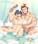  &gt;_o 2boys abs absurdres bathing bathtub black_hair blue_eyes blush brown_hair closed_eyes couple cross_scar fate/grand_order fate_(series) fujimaru_ritsuka_(male) highres large_pectorals male_focus male_pubic_hair multiple_boys muscular muscular_male napoleon_bonaparte_(fate) navel nipples nude one_eye_closed open_mouth pectorals pubic_hair rubber_duck scar scar_on_chest short_hair smile soap_bubbles teeth wet wet_hair yaoi yaosan233 