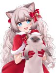  1girl animal animal_ears bell black_hair blue_eyes blush bow cat cat_ears cat_girl eyebrows_visible_through_hair fang gloves gradient_hair grey_hair hair_bow hat highres holding holding_animal indie_virtual_youtuber long_hair looking_at_viewer multicolored_hair nanasae_(vtuber) open_mouth red_bow red_gloves red_headwear santa_costume santa_hat smile solo susukitten virtual_youtuber wavy_hair 