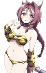  1girl animal_ears animal_print bikini braid breasts cleavage club_(weapon) collar ear_covers flower_in_eye gauntlets hair_between_eyes hair_intakes highres holding horse_ears horse_girl horse_tail looking_at_viewer medium_breasts o-ring o-ring_bikini o-ring_bottom o-ring_top pataneet purple_eyes purple_hair sakura_chitose_o_(umamusume) single_braid solo spiked_collar spikes strapless strapless_bikini swimsuit symbol_in_eye tail tiger_print umamusume weapon 