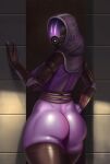  1girl alien armor ass back bad_link black_thighhighs bottomless breasts colored_skin curvy fingerless_gloves from_behind gloves highres large_breasts looking_at_viewer looking_back mask mass_effect_(series) purple_skin quarian solo ssocrates tali&#039;zorah thick_thighs thighhighs thighs visor_cap wide_hips 