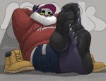  5_toes alp_(tas) anthro boots claws clothed clothing countershade_feet countershading dj-rodney feet foot_fetish foot_focus footwear giant_panda hands_behind_head hat headgear headwear humanoid_feet lifewonders looking_at_viewer male mammal on_ground overweight overweight_male smile solo toes tokyo_afterschool_summoners ursid video_games 