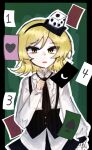  1other ace_(playing_card) ace_of_hearts ace_of_spades adapted_costume between_fingers black_border black_gloves black_hairband black_necktie black_skirt black_vest blonde_hair border buttons card center_frills clenched_hand collared_shirt compass_(xinjinjumin6687443) cowboy_shot dice dice_hair_ornament dot_nose eye_of_senri eyes_visible_through_hair fingerless_gloves floating_card frilled_shirt_collar frilled_sleeves frills gloves green_background hair_ornament hairband happy heart highres holding holding_dice len'en long_sleeves medium_hair miniskirt necktie open_mouth outline outside_border pinstripe_pattern pinstripe_vest playing_card puffy_long_sleeves puffy_sleeves shirt single_fingerless_glove skirt sleeves_past_wrists solo spade_(shape) standing striped_clothes tsurime vertical-striped_clothes vertical-striped_necktie vest white_outline white_shirt xeno_a yellow_eyes 