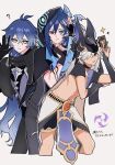  3boys ? ancient_egyptian_clothes animal_ears antenna_hair arm_tattoo bags_under_eyes black_coat black_gloves blue_hair bridal_gauntlets card closed_mouth coat collared_coat cyno_(genshin_impact) expressionless facial_mark fake_animal_ears fingerless_gloves flins_(genshin_impact) friends genshin_impact gloves gradient_hair grey_hair grey_pants hair_between_eyes hair_over_one_eye hashtag-only_commentary hat helmet heterochromia holding holding_card leaning_to_the_side long_hair looking_at_viewer looking_to_the_side mitsudomoe_(shape) multicolored_hair multiple_boys navel no_pupils open_mouth ororon_(genshin_impact) pants playing_card red_eyes shade short_sleeves shorts sparkle standing stomach streaked_hair suisan_0105 tan tattoo tomoe_(symbol) upper_body waving wavy_hair yellow_eyes 