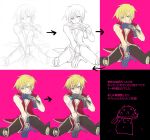  1boy black_gloves black_pants blonde_hair blue_eyes closed_mouth commentary_request condom condom_wrapper feet_out_of_frame garasukan gloves highres holding holding_condom looking_at_viewer male_focus pants pink_background progression ragnarok_online red_shirt shirt short_hair sitting sleeveless sleeveless_shirt smile spore_(ragnarok_online) translation_request wariza wizard_(ragnarok_online) 