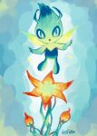  :o artist_name bright_pupils celebi commentary_request flower flying green_eyes highres kotone11152 looking_at_viewer no_humans orange_flower pokemon pokemon_(creature) signature solo white_pupils 