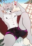 abs akaro_(lukiro) alcohol anthro athletic athletic_anthro athletic_male beverage bulge canid canine canis clothing cocktail cocktail_glass container cup drinking_glass erection erection_under_clothing facial_piercing fur glass glass_container glass_cup grey_body grey_fur grey_hair hair half-closed_eyes hammock hi_res hybrid lip_piercing lukiro male mammal multicolored_body multicolored_fur muscle_tone narrowed_eyes one_eye_closed pecs piercing procyonid raccoon snakebite_piercing solo stud_piercing swimming_trunks swimwear two_tone_body two_tone_fur white_body white_fur wink wolf 