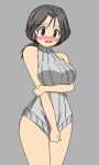  1girl arm_under_breasts blush bottomless breasts embarrassed freckles girls_und_panzer grey_background grey_eyes grey_hair grey_sweater ichinose_jun large_breasts meme_attire nose_blush piyotan_(girls_und_panzer) short_ponytail simple_background solo sweater virgin_killer_sweater 