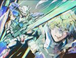  1boy artificial_eye blonde_hair celestial_being drawing_sword glowing glowing_sword glowing_weapon graham_aker gundam gundam_00 gundam_00_festival_10_"re:vision" gundam_exia gundam_exia_repair_iv holding holding_shield holding_sword holding_weapon humanoid_robot kare_(0621utak) katana looking_at_viewer mecha mechanical_arms pilot robot shield short_hair smile solo standing sword unsheathed v-fin weapon 